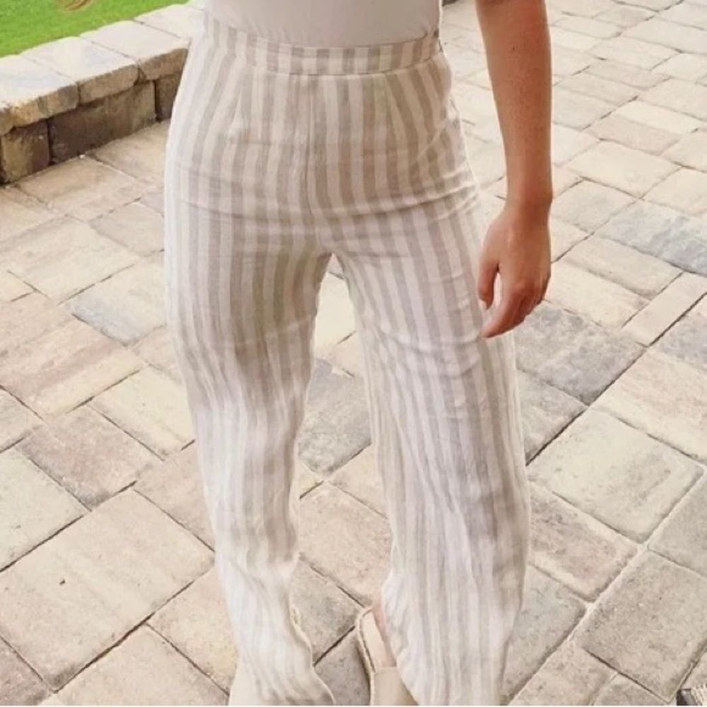 OLIVACEOUS Striped Linen High Rise Crop Pants